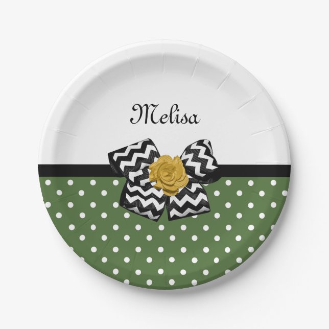 Cute Green Dots Yellow Rose Chevron Bow and Name Paper Plate (Front)