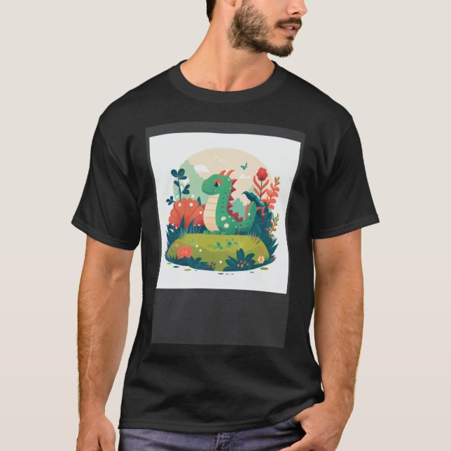 Cute Green Dragon in a garden forest T-Shirt (Front)