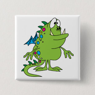 cute green dragon monster creature 15 cm square badge