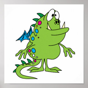 cute green dragon monster creature poster