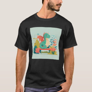 Cute Green Dragon sitting on bench in a garden for T-Shirt