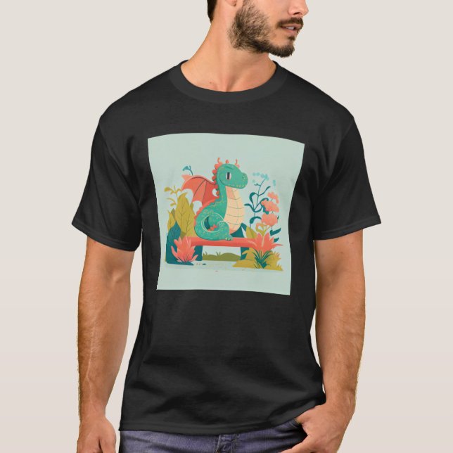 Cute Green Dragon sitting on bench in a garden for T-Shirt (Front)