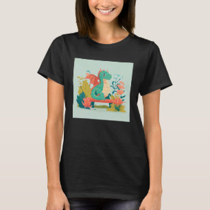 Cute Green Dragon sitting on bench in a garden for T-Shirt