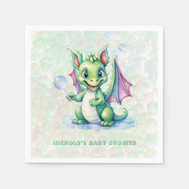 Cute Green Dragon with Bubbles Boy Baby Shower Napkin (Front)