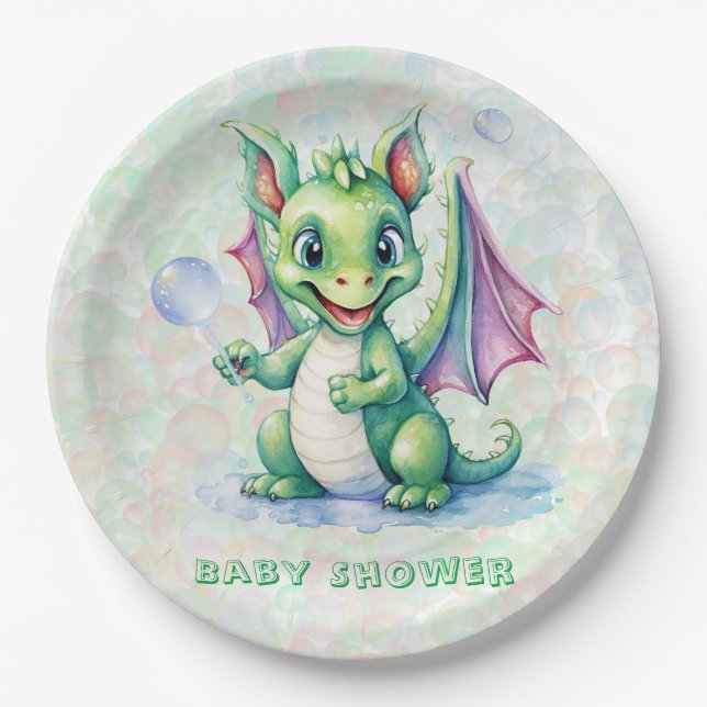Cute Green Dragon with Bubbles Boy Baby Shower Paper Plate (Front)