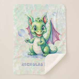 Cute Green Dragon with Bubbles Boy Custom Gift Sherpa Blanket