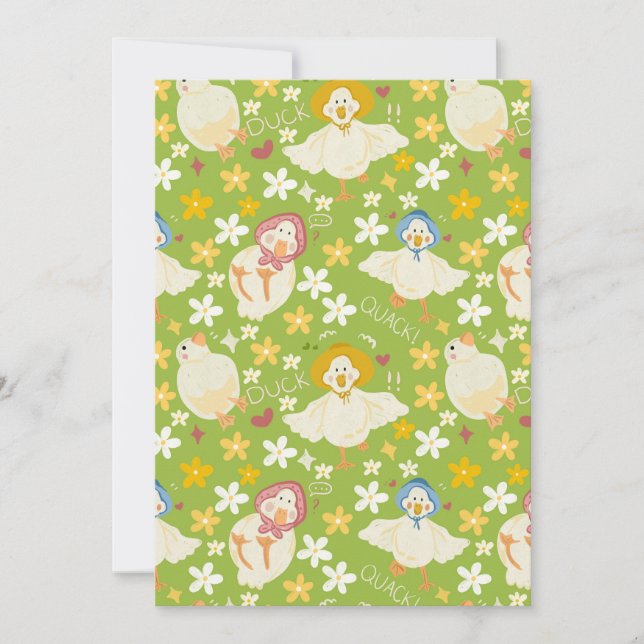 Cute Green Duck & Daisy Flower Seamless Pattern Invitation (Front)