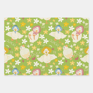 Cute Green Duck & Daisy Flower Seamless Pattern Wrapping Paper Sheet