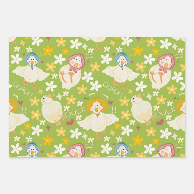 Cute Green Duck & Daisy Flower Seamless Pattern Wrapping Paper Sheet (Front)