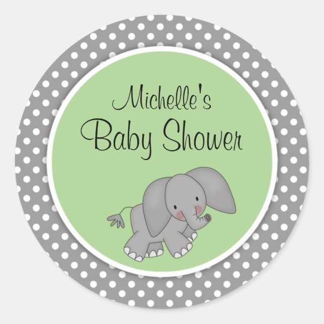 Cute Green Elephant Gender Neutral Baby Shower Classic Round Sticker (Front)
