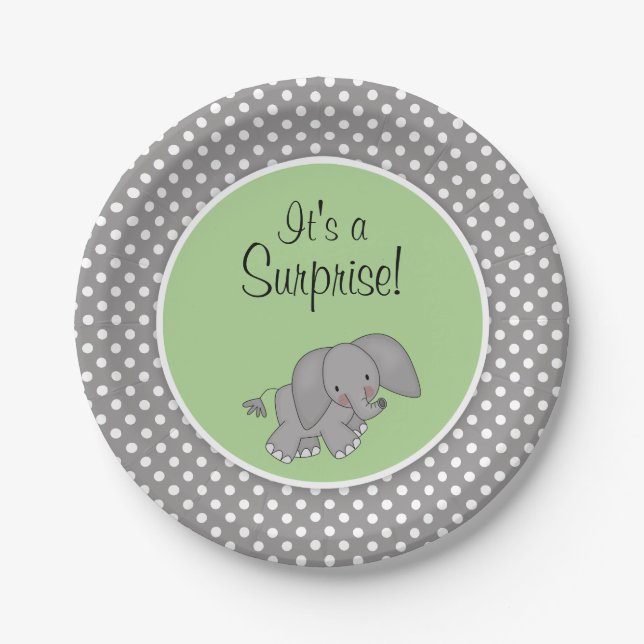 Cute Green Elephant Gender Neutral Baby Shower Paper Plate (Front)