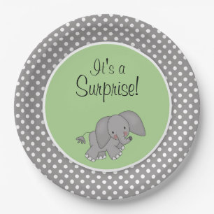 Cute Green Elephant Gender Neutral Baby Shower Paper Plate