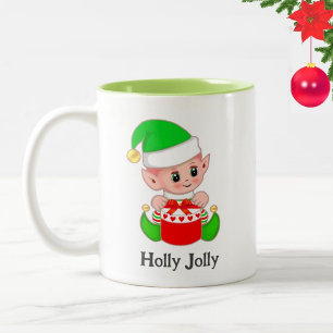 Cute Green Elf Christmas Gift Two-Tone Coffee Mug