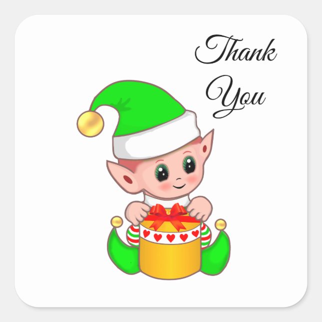 Cute Green Elf & Gift Box on White Square Sticker (Front)