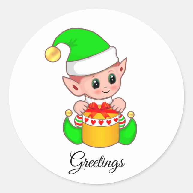Cute Green Elf Greetings on White Square Sticker (Front)