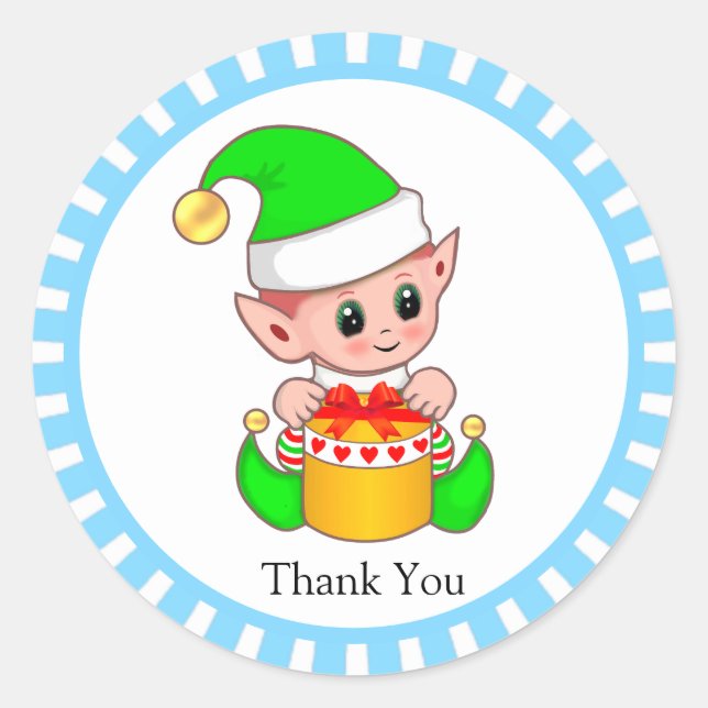 Cute Green Elf Thank You Classic Round Sticker (Front)
