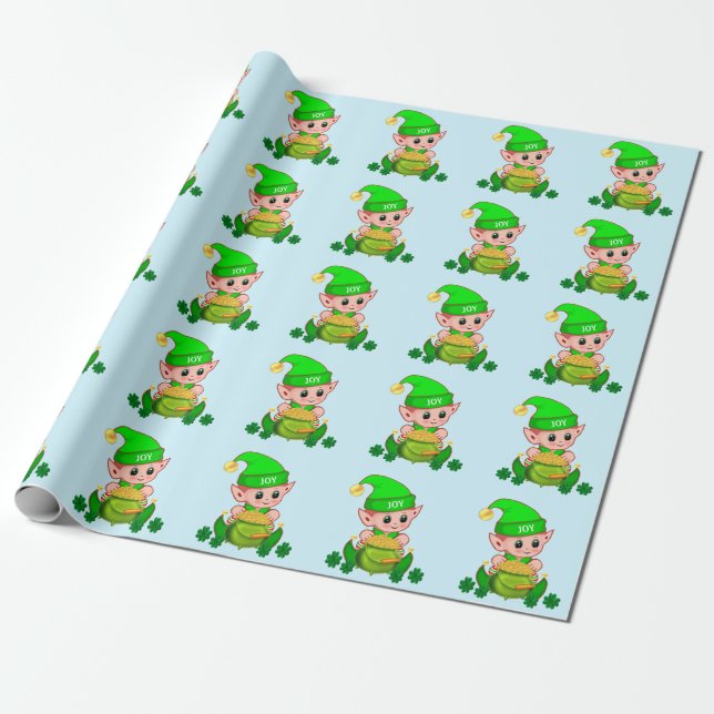 Cute green elf with a pot of gold on light blue wrapping paper (Unrolled)