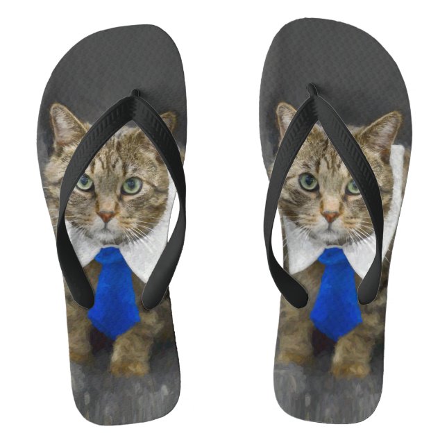 Cute green-eyed brown tabby cat wearing a blue tie flip flops (Footbed)