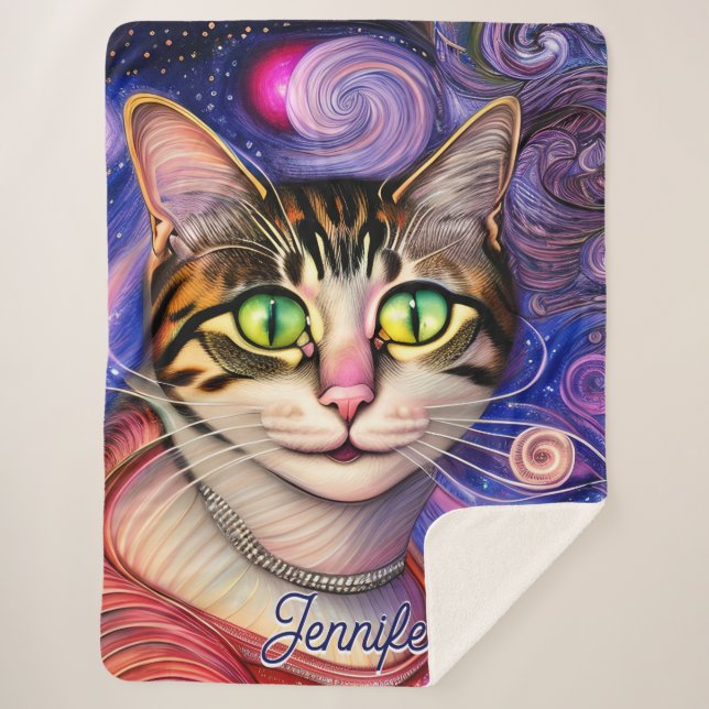 Cute Green Eyes Cat Personalised Name Sherpa Blanket (Front)