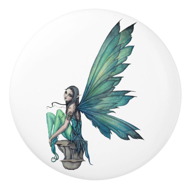 Cute Green Fairy Illustration by Molly Harrison Ceramic Knob (Front)