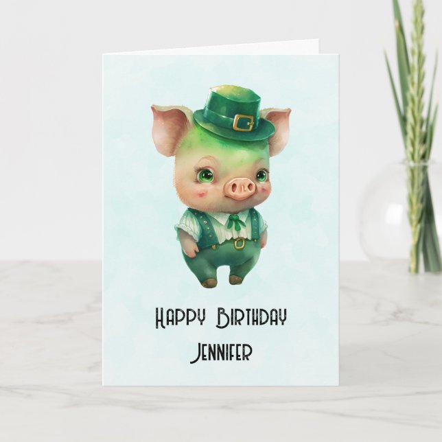 Cute Green Fairytale Pig in Fancy Attire Birthday Card (Front)