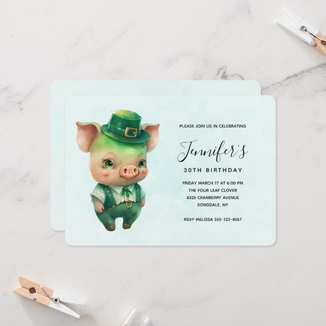 Cute Green Fairytale Pig in Fancy Attire Birthday Invitation (Front/Back In Situ)