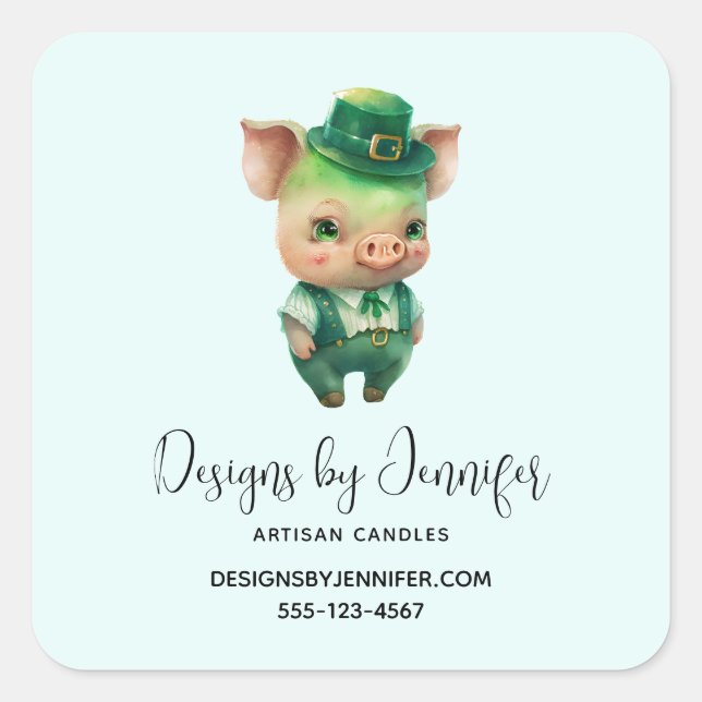 Cute Green Fairytale Pig in Fancy Attire Business Square Sticker (Front)
