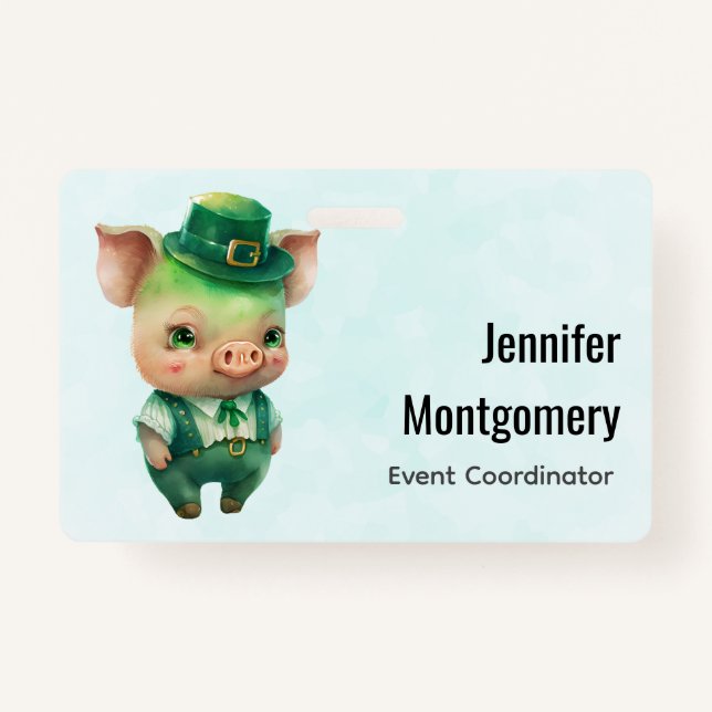Cute Green Fairytale Pig in Fancy Attire ID Badge (Front)