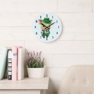 Cute Green Fairytale Pig in Fancy Attire Large Clock