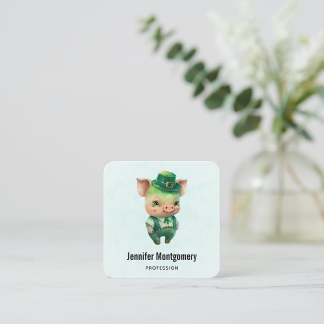 Cute Green Fairytale Pig in Fancy Attire Square Business Card (Standing Front)