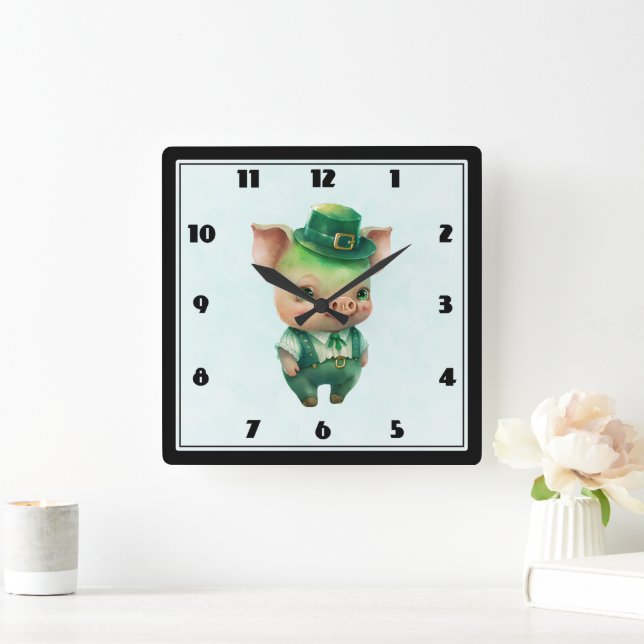 Cute Green Fairytale Pig in Fancy Attire Square Wall Clock (Home)