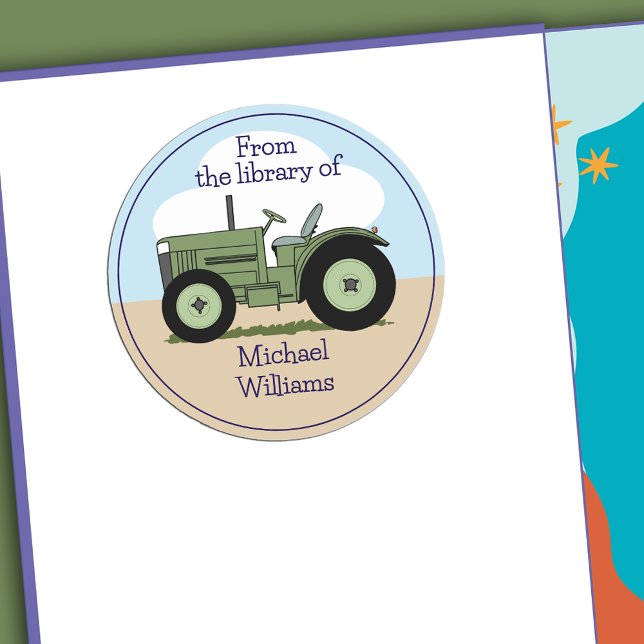 Cute Green Farm Tractor Personalised Bookplate Classic Round Sticker (Cute Green Farm Tractor Personalized Bookplate)