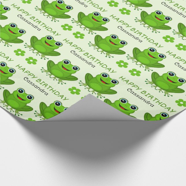 Cute Green Female Frog Girls Name Birthday Wrapping Paper (Corner)