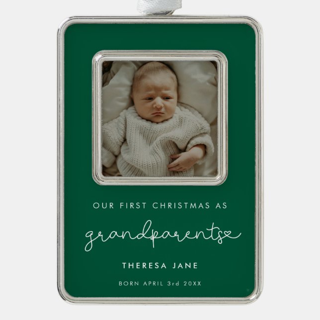 Cute Green First Christmas as Grandparents Photo Silver Plated Framed Ornament (Front)