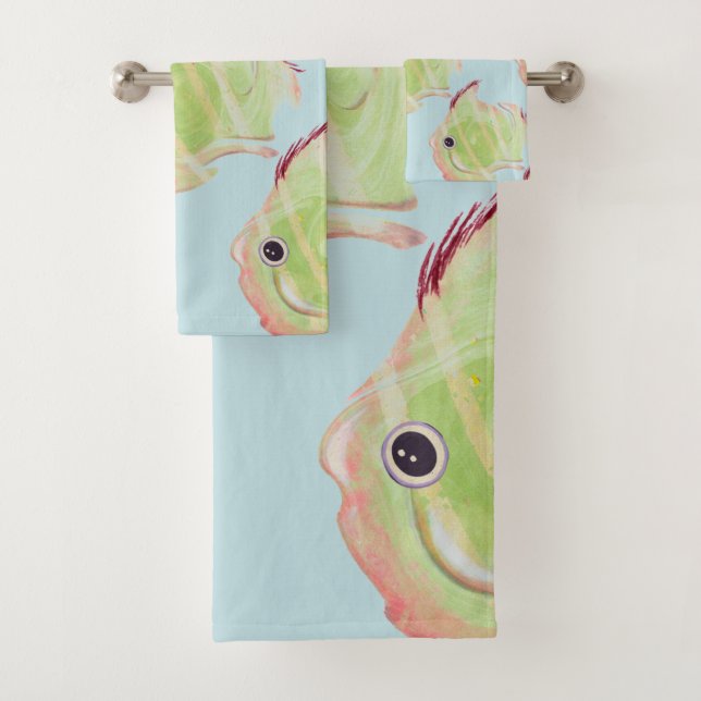 Cute Green Fish Blue Towel (Insitu)