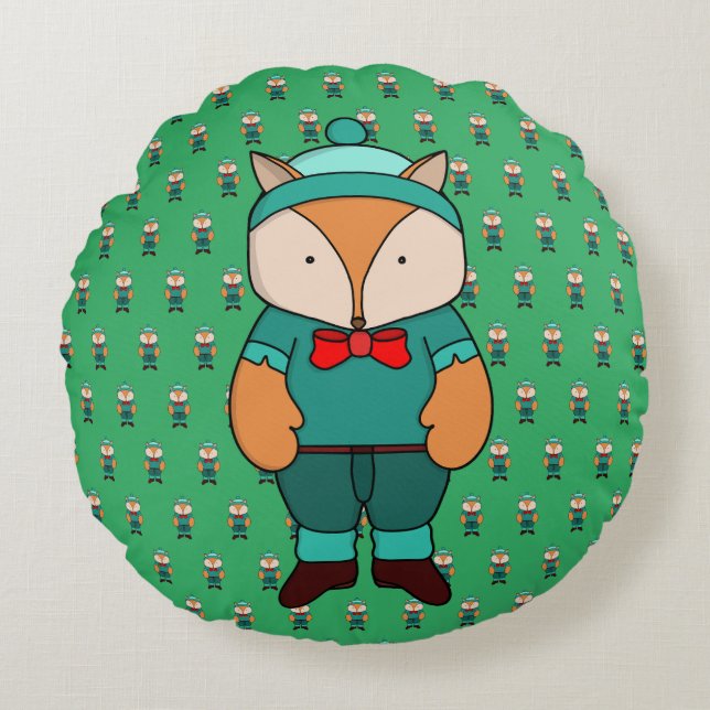 Cute green fox round cushion (Front)