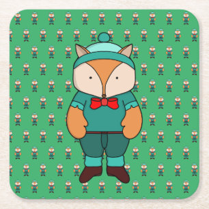 Cute green fox square paper coaster