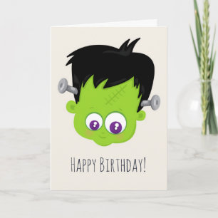 Cute Green Frankenstein Monster Face Birthday Card
