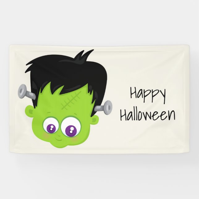 Cute Green Frankenstein Monster face Halloween Banner (Horizontal)