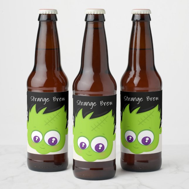 Cute Green Frankenstein Monster face Halloween Beer Bottle Label (Bottles)
