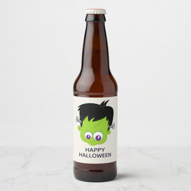 Cute Green Frankenstein Monster face Halloween Beer Bottle Label (Front)