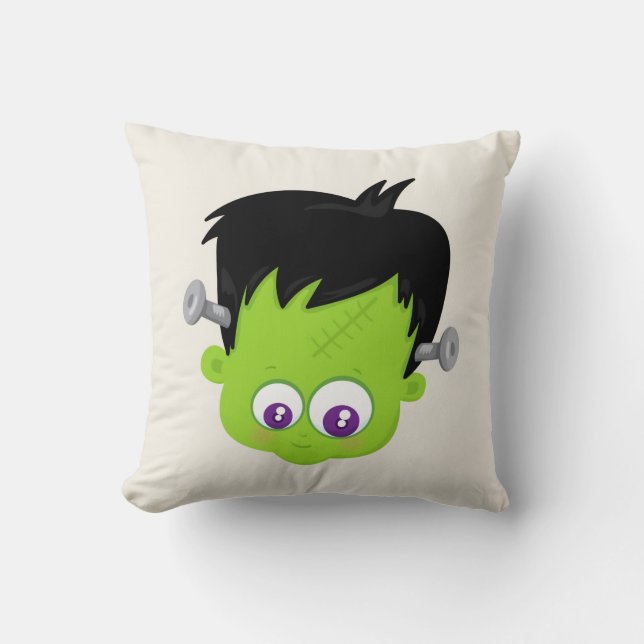 Cute Green Frankenstein Monster face Halloween Cushion (Front)