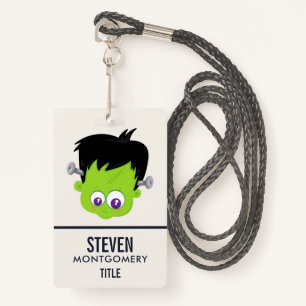 Cute Green Frankenstein Monster face Halloween ID Badge