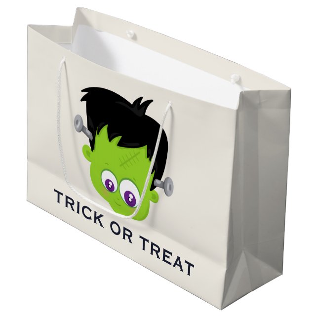 Cute Green Frankenstein Monster face Halloween Large Gift Bag (Front Angled)