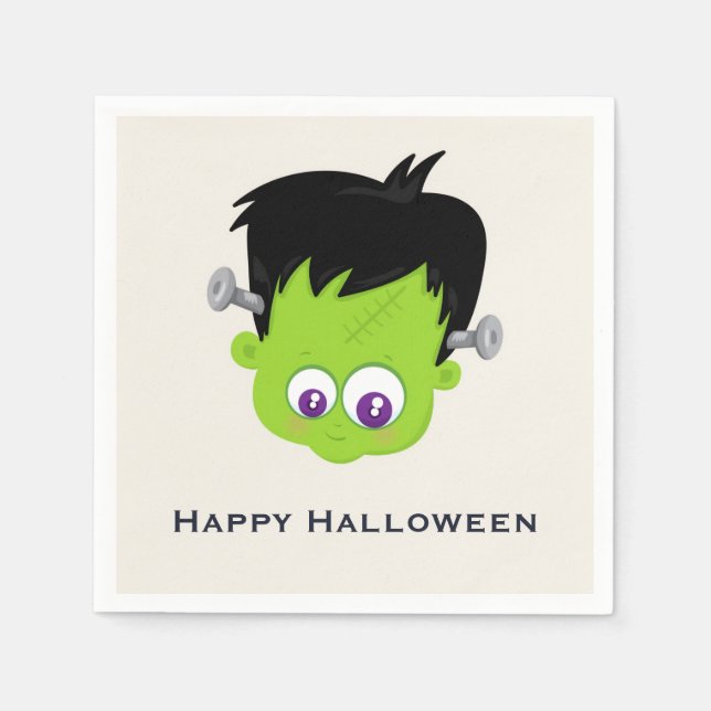 Cute Green Frankenstein Monster face Halloween Napkin (Front)