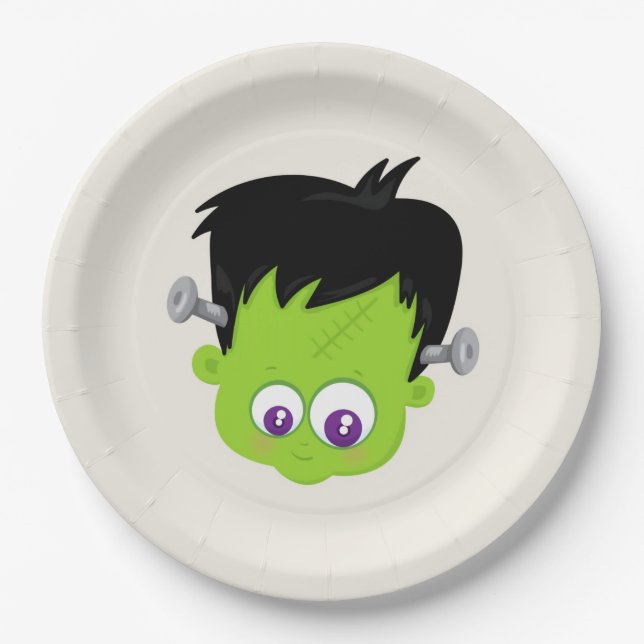Cute Green Frankenstein Monster face Halloween Paper Plate (Front)