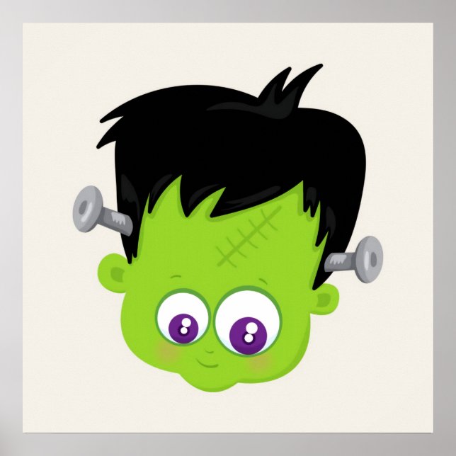 Cute Green Frankenstein Monster face Halloween Poster (Front)