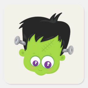 Cute Green Frankenstein Monster face Halloween Square Sticker