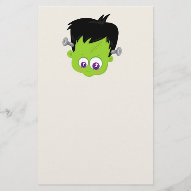 Cute Green Frankenstein Monster face Halloween Stationery (Front)