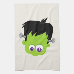 Cute Green Frankenstein Monster face Halloween Tea Towel
